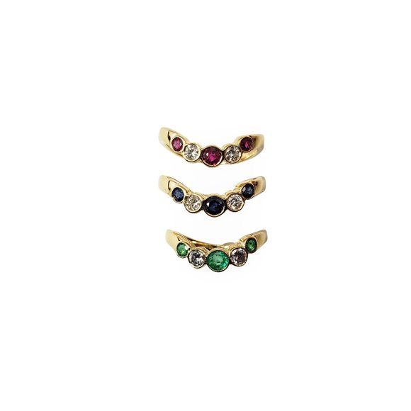 Vintage Set of 3 14K Yellow Gold Ruby/Emerald/Sapphire and Diamond Ring #12027 - Picture 1 of 8